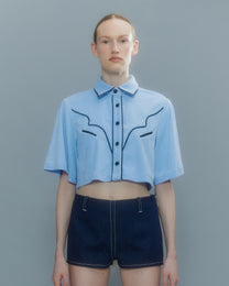 VICKTEERUT Short Sleeve Cowboy Cropped Shirt เสื้อเชิ้ตคาวบอย แขนสั้น ตัวสั้น