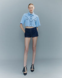 VICKTEERUT Short Sleeve Cowboy Cropped Shirt เสื้อเชิ้ตคาวบอย แขนสั้น ตัวสั้น