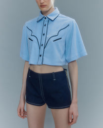 VICKTEERUT Short Sleeve Cowboy Cropped Shirt เสื้อเชิ้ตคาวบอย แขนสั้น ตัวสั้น