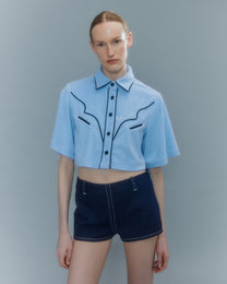 VICKTEERUT Short Sleeve Cowboy Cropped Shirt เสื้อเชิ้ตคาวบอย แขนสั้น ตัวสั้น