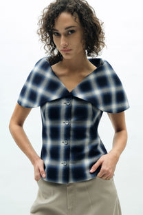 VICKTEERUT Cape Collar Plaid Blouse เสื้อปกเคป กระดุมหน้า