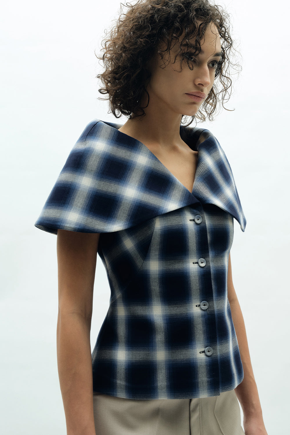 VICKTEERUT Cape Collar Plaid Blouse เสื้อปกเคป กระดุมหน้า