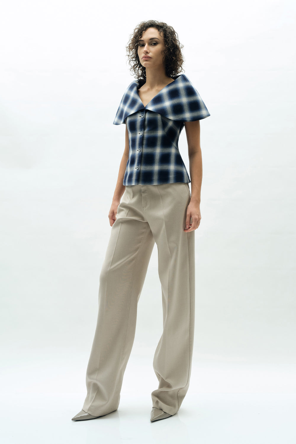 VICKTEERUT Cape Collar Plaid Blouse เสื้อปกเคป กระดุมหน้า