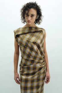 VICKTEERUT Draped Plaid Sheath Dress เดรสแขนกุด จับเดรป ผ้าลายตาราง