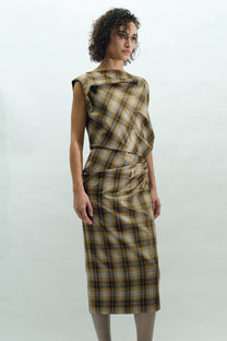 VICKTEERUT Draped Plaid Sheath Dress เดรสแขนกุด จับเดรป ผ้าลายตาราง