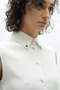 VICKTEERUT Sleeveless Shirt with Crystal Buttons เสื้อเชิ้ต แขนกุด ตกแต่งกระดุมคริสตัล