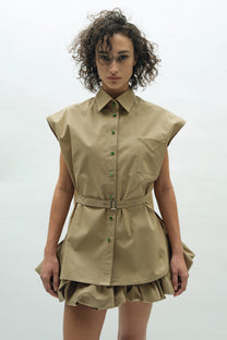 VICKTEERUT Sleeveless Oversized Shirt with Belt Detail เสื้อแขนกุด ทรงโคร่ง ตกแต่งเข็มขัด