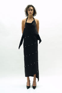 VICKTEERUT Black Stripe Spiral Skirt กระโปรงทรงสอบ ผ้าลายทาง ตกแต่งกระดุม
