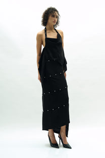 VICKTEERUT Black Stripe Spiral Skirt กระโปรงทรงสอบ ผ้าลายทาง ตกแต่งกระดุม