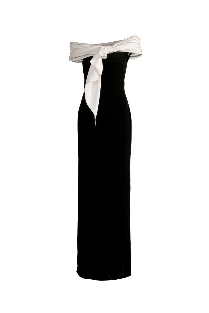 VICKTEERUT Off Shoulder Drape Column Gown เดรสยาว เปิดไหล่ ตัดต่อผ้าสีขาวดำ