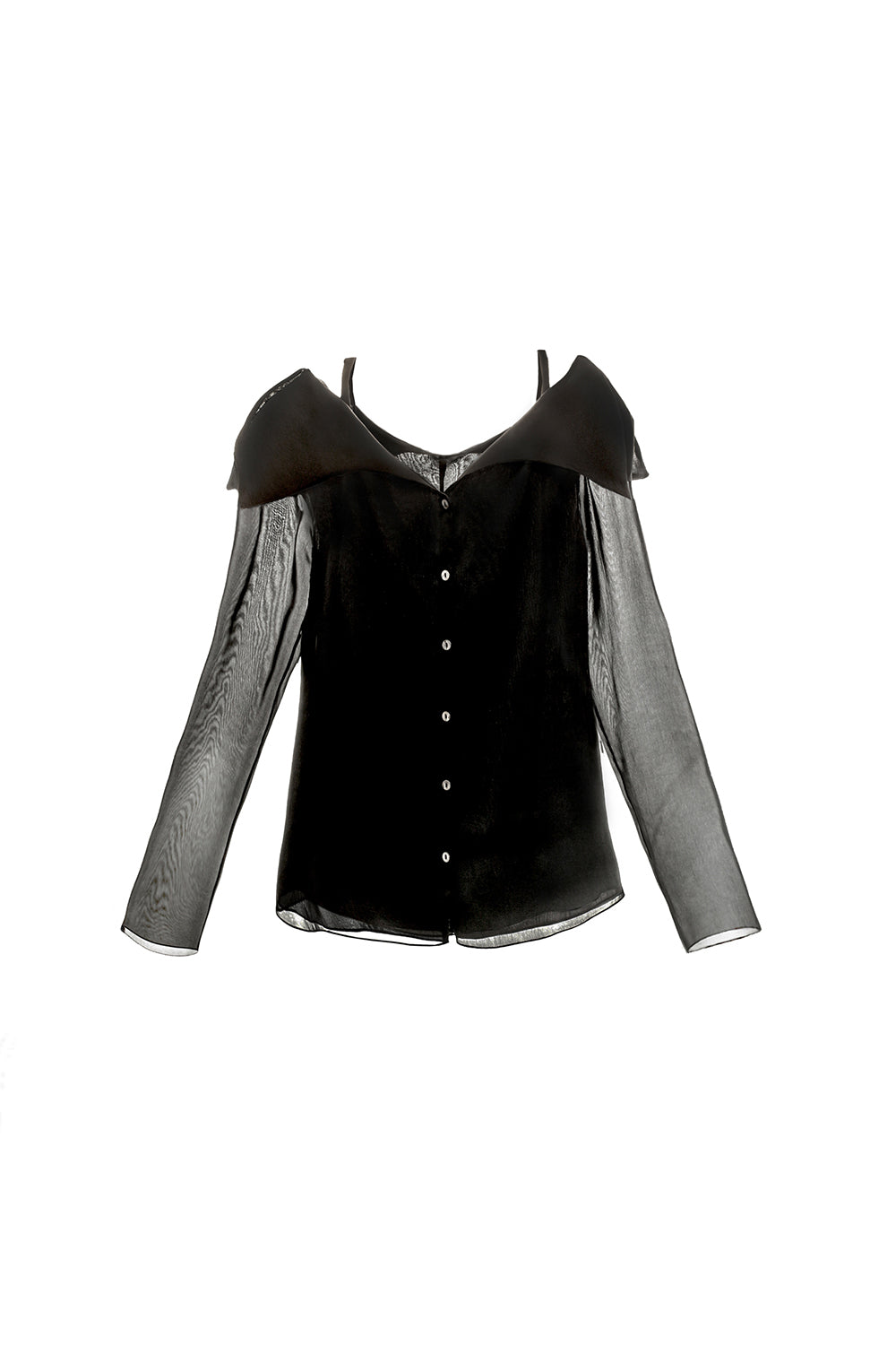 VICKTEERUT Off-Shoulder Button-Front Blouse with Folded Neckline เสื้อเปิดไหล่ แขนยาว กระดุมหน้า คอปกพับ