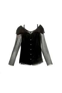 VICKTEERUT Off-Shoulder Button-Front Blouse with Folded Neckline เสื้อเปิดไหล่ แขนยาว กระดุมหน้า คอปกพับ