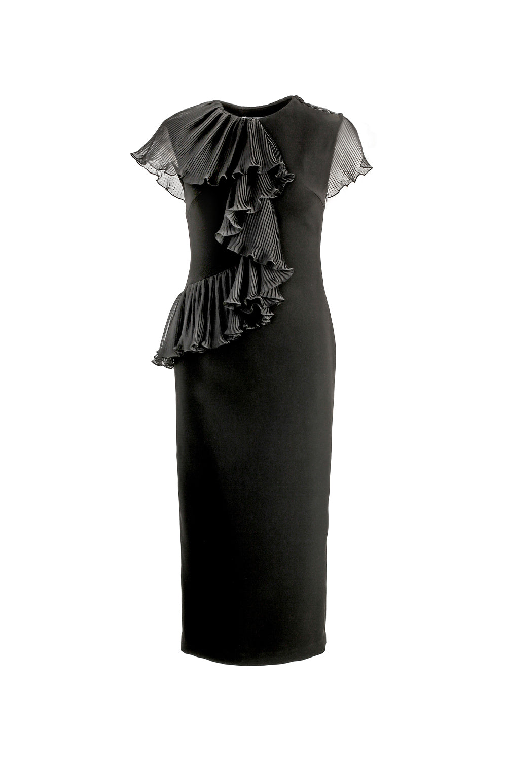 VICKTEERUT Sleeveless Sheath Dress with Pleated Ruffle Detail เดรสเข้ารูป ตกแต่งระบายอัดพลีท