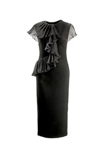 VICKTEERUT Sleeveless Sheath Dress with Pleated Ruffle Detail เดรสเข้ารูป ตกแต่งระบายอัดพลีท
