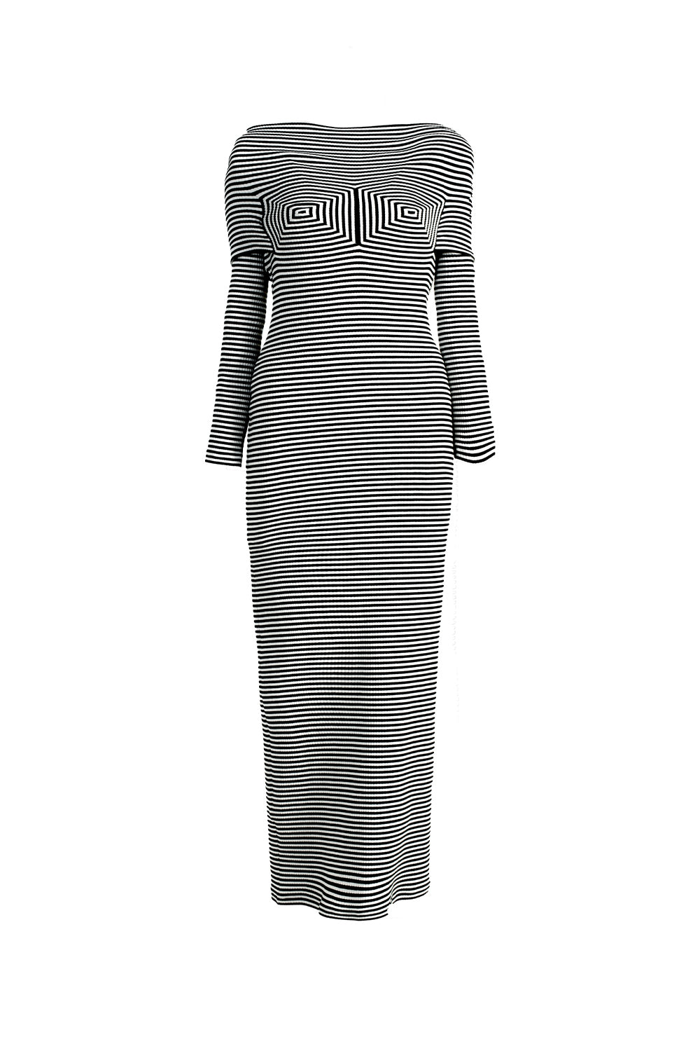 VICKTEERUT Off-Shoulder Ribbed Jersey Patchwork Dress เดรสเปิดไหล่ ทรงเข้ารูป ผ้าลายทางตัดต่อลาย