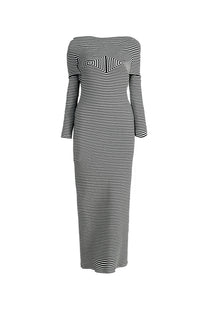 VICKTEERUT Off-Shoulder Ribbed Jersey Patchwork Dress เดรสเปิดไหล่ ทรงเข้ารูป ผ้าลายทางตัดต่อลาย
