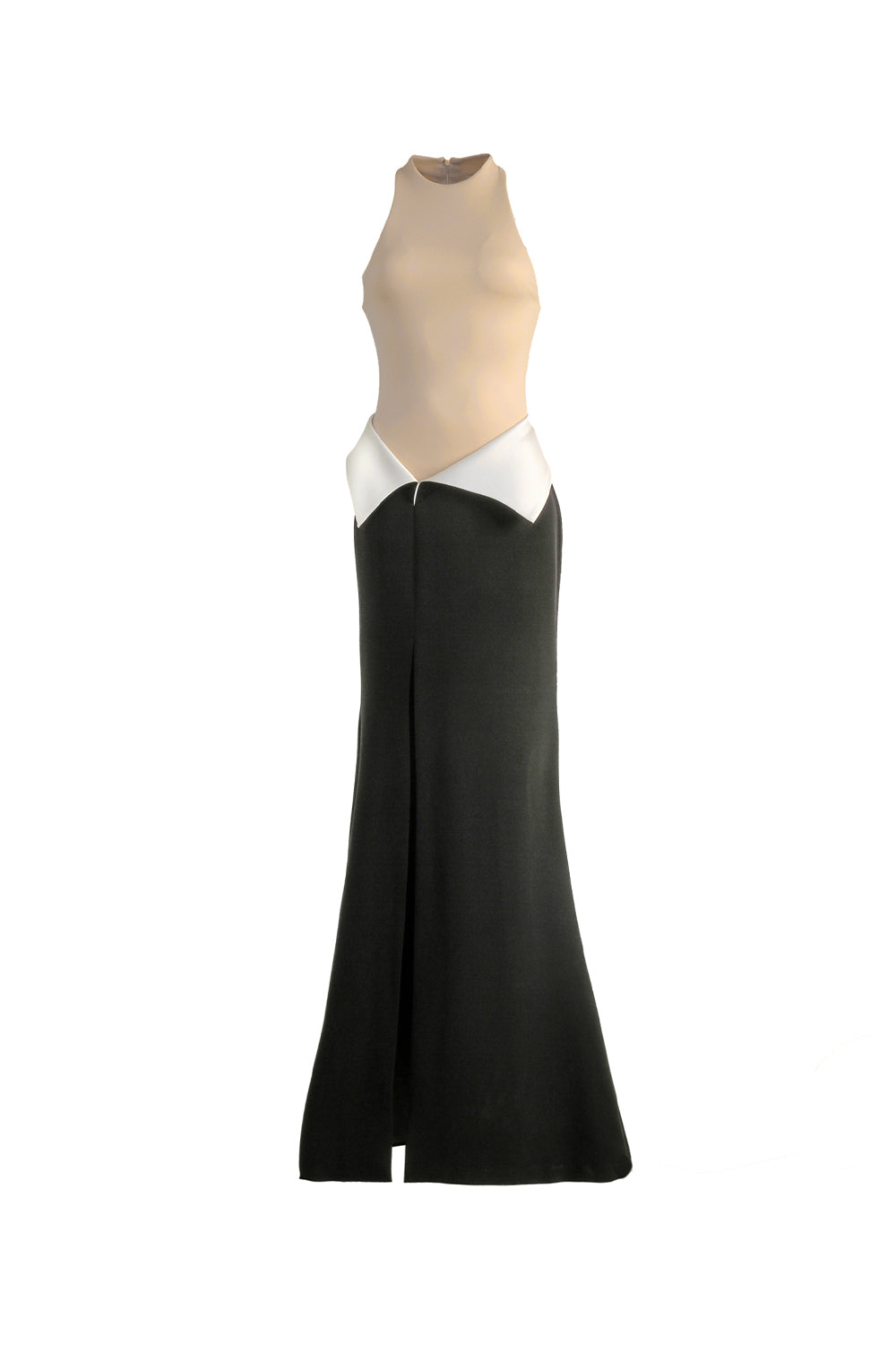 VICKTEERUT Two-Tone Halter Neck Column Gown with Folded Waist Detail เดรสยาว ตัดต่อสี ทรงเข้ารูป ผ่าหน้า