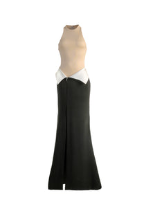VICKTEERUT Two-Tone Halter Neck Column Gown with Folded Waist Detail เดรสยาว ตัดต่อสี ทรงเข้ารูป ผ่าหน้า